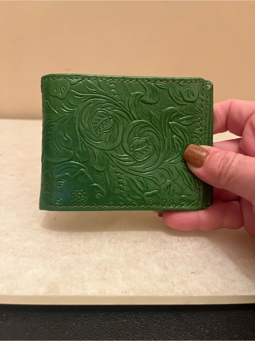 Green Embossed Leather Bifold Wallet